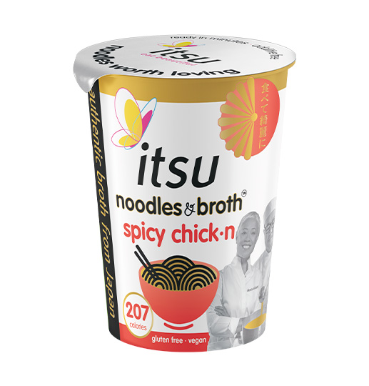 Itsu spicy chick'n noodles and broth cup, gluten-free and vegan, 207 calories.