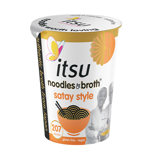 Itsu Satay Style Noodles & Broth cup with 207 calories, gluten-free.