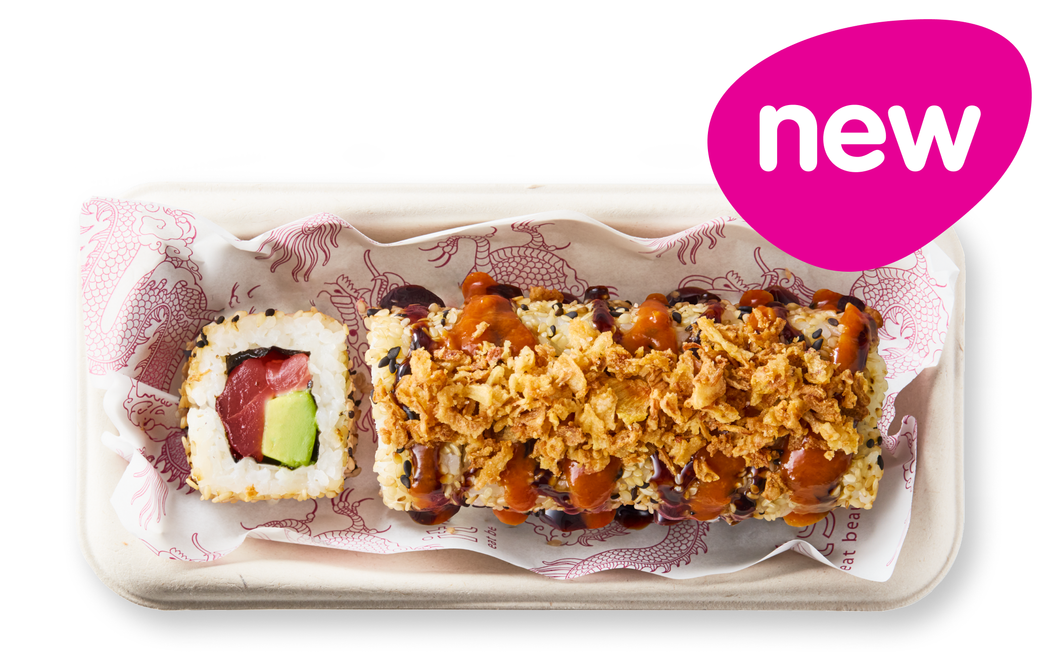 New sushi roll topped with crispy onions, dark sauce, and a separate tuna avocado slice.