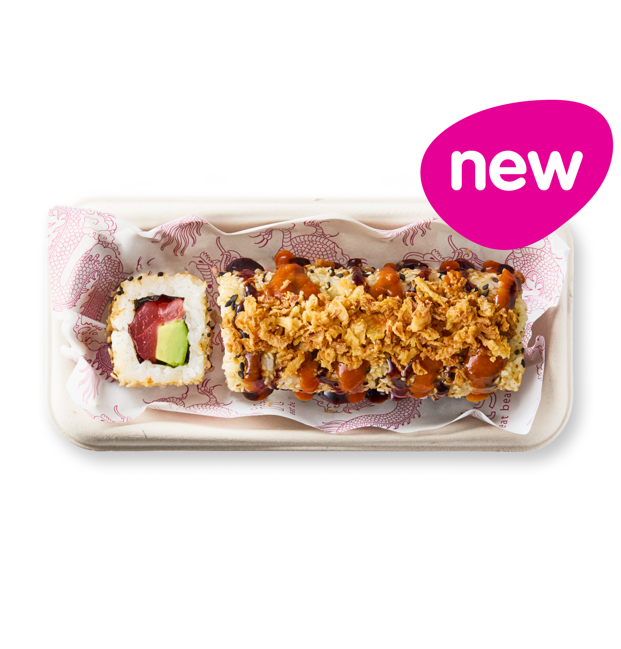 Sushi tray with a classic tuna avocado roll and a new crispy fried sushi roll.