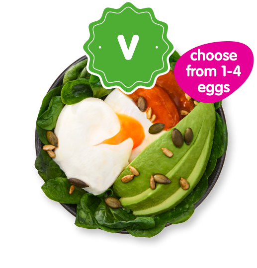 Vegetarian breakfast bowl with poached egg, avocado, spinach, sweet potato, and seeds.