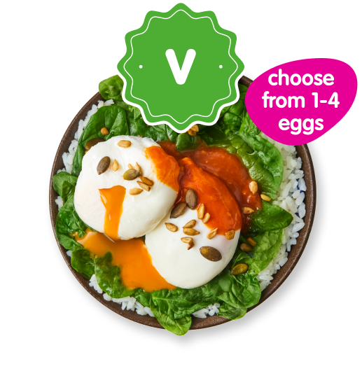 Poached eggs with red sauce, pumpkin seeds, rice, and lettuce, marked vegetarian.