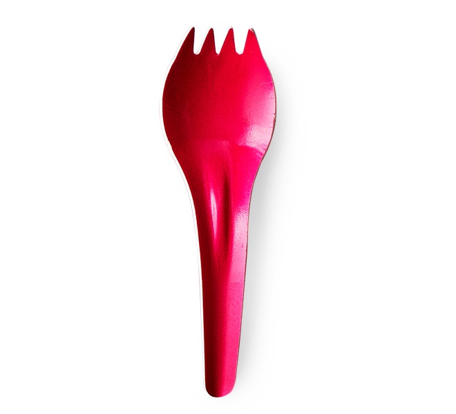 Bright pink spork, a hybrid utensil combining a spoon and three-pronged fork.