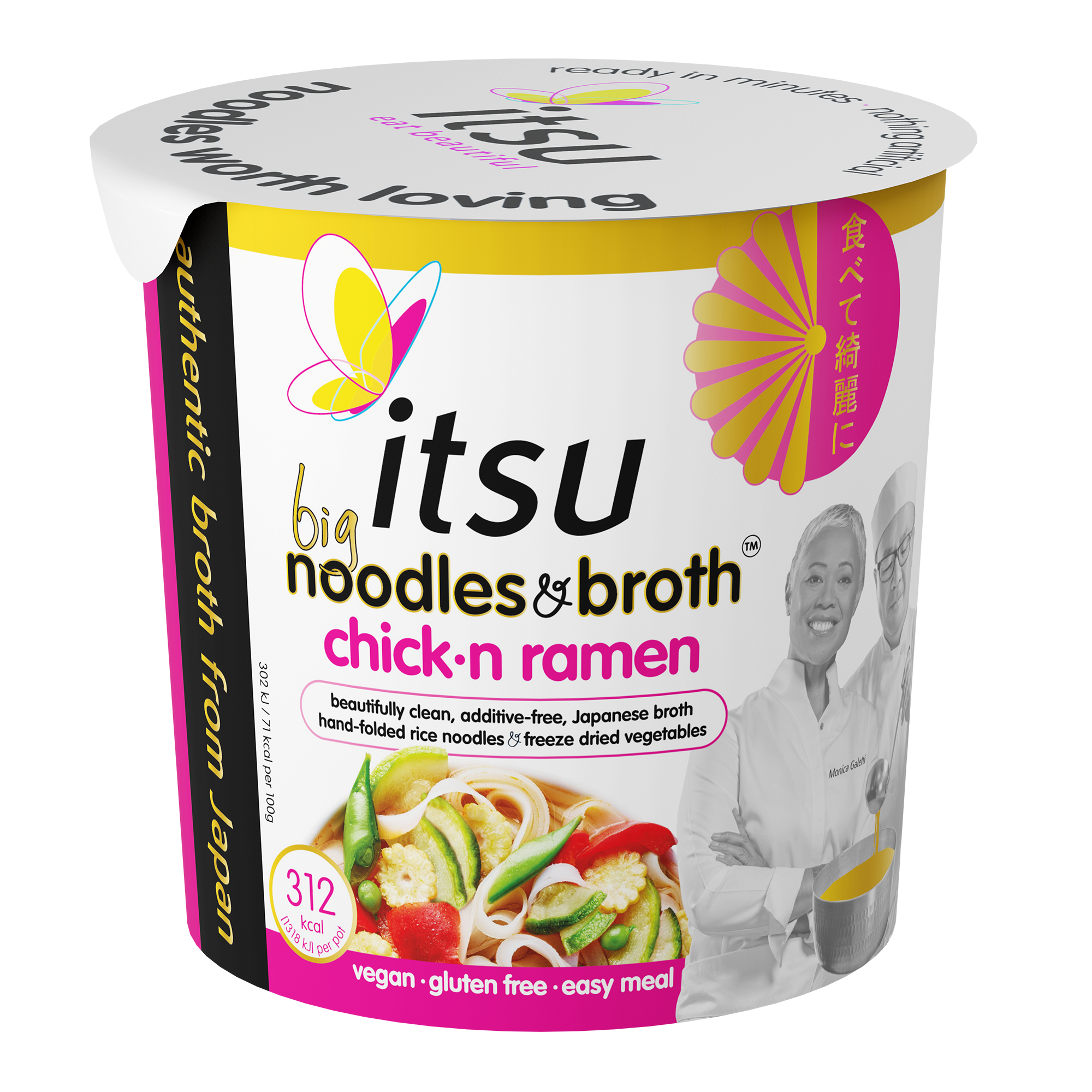 itsu big noodles and broth chick'n ramen cup, labeled vegan, gluten-free, and dairy-free.