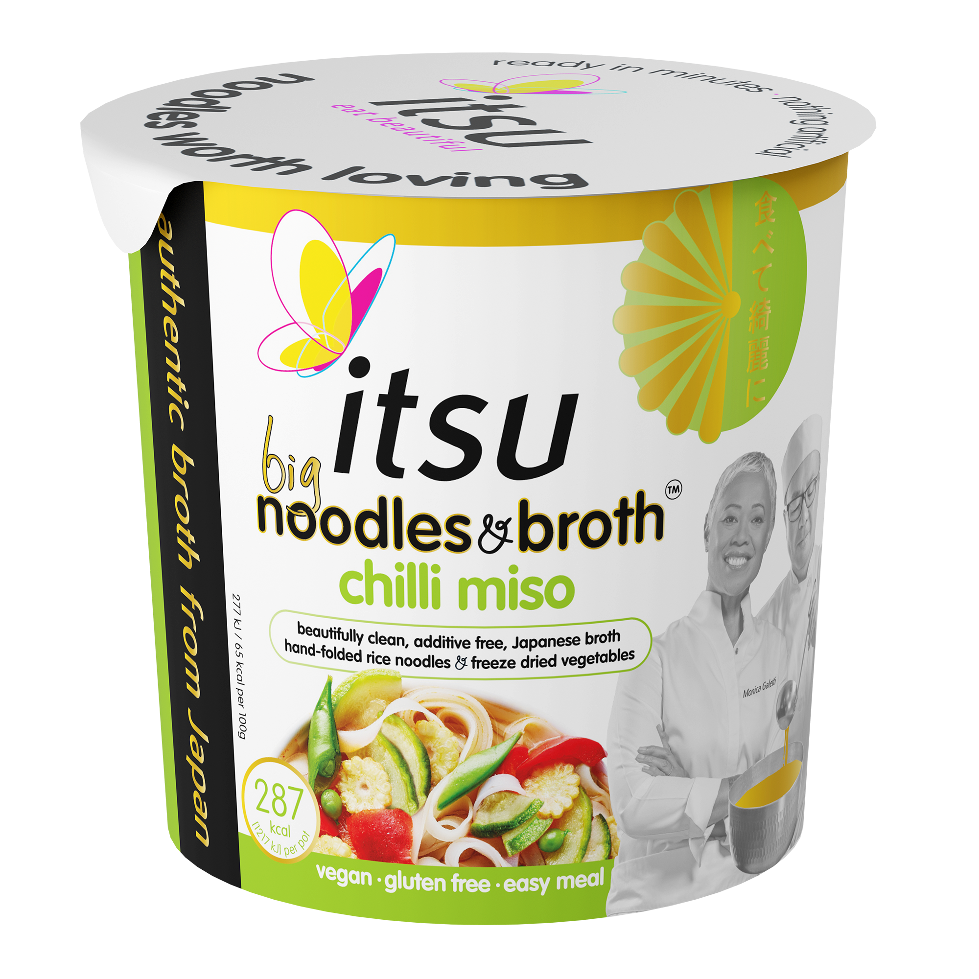 Itsu Big Noodles & Broth Chilli Miso instant noodle cup with a butterfly logo.