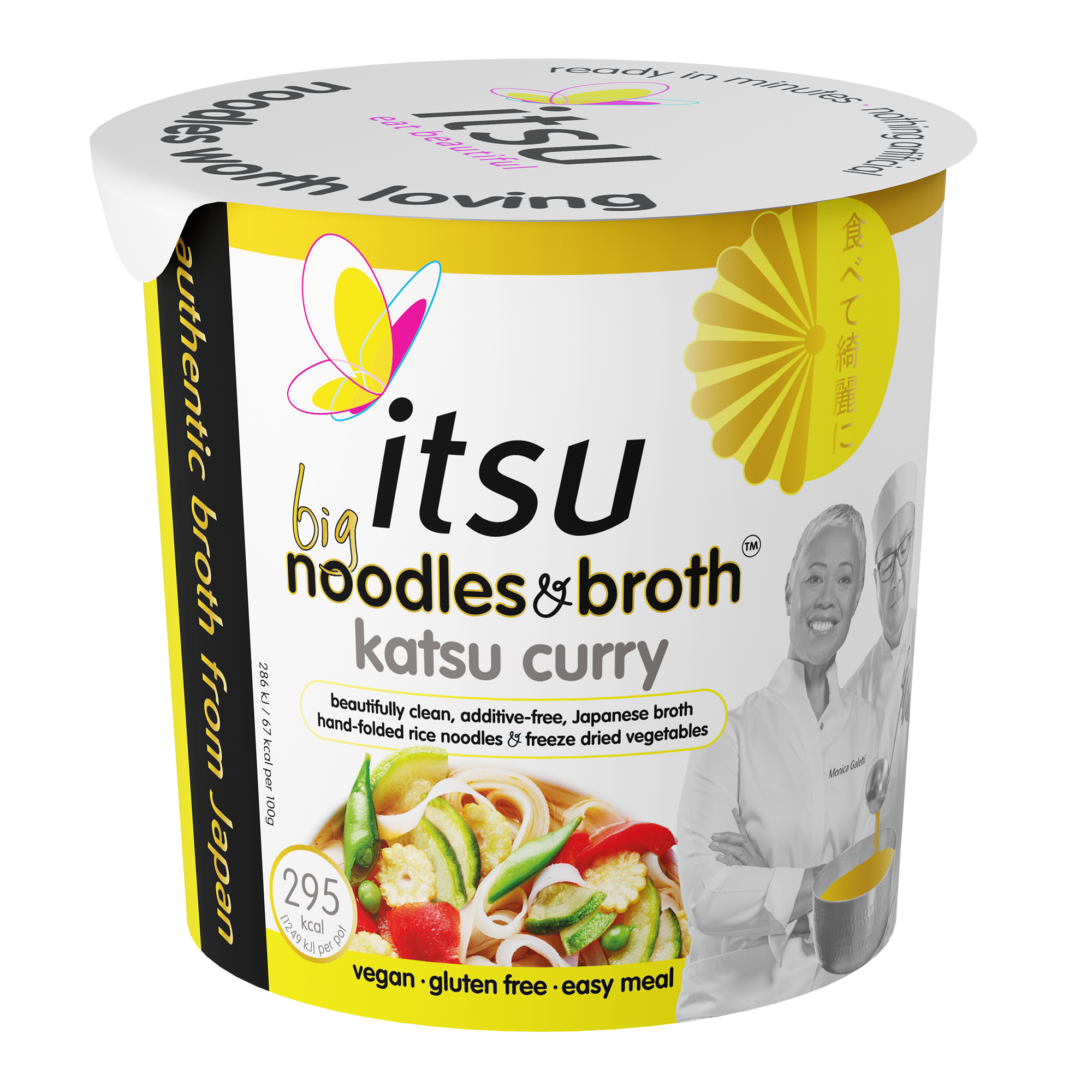 Itsu Big Noodles & Broth Katsu Curry cup, white and yellow packaging with butterfly logo.