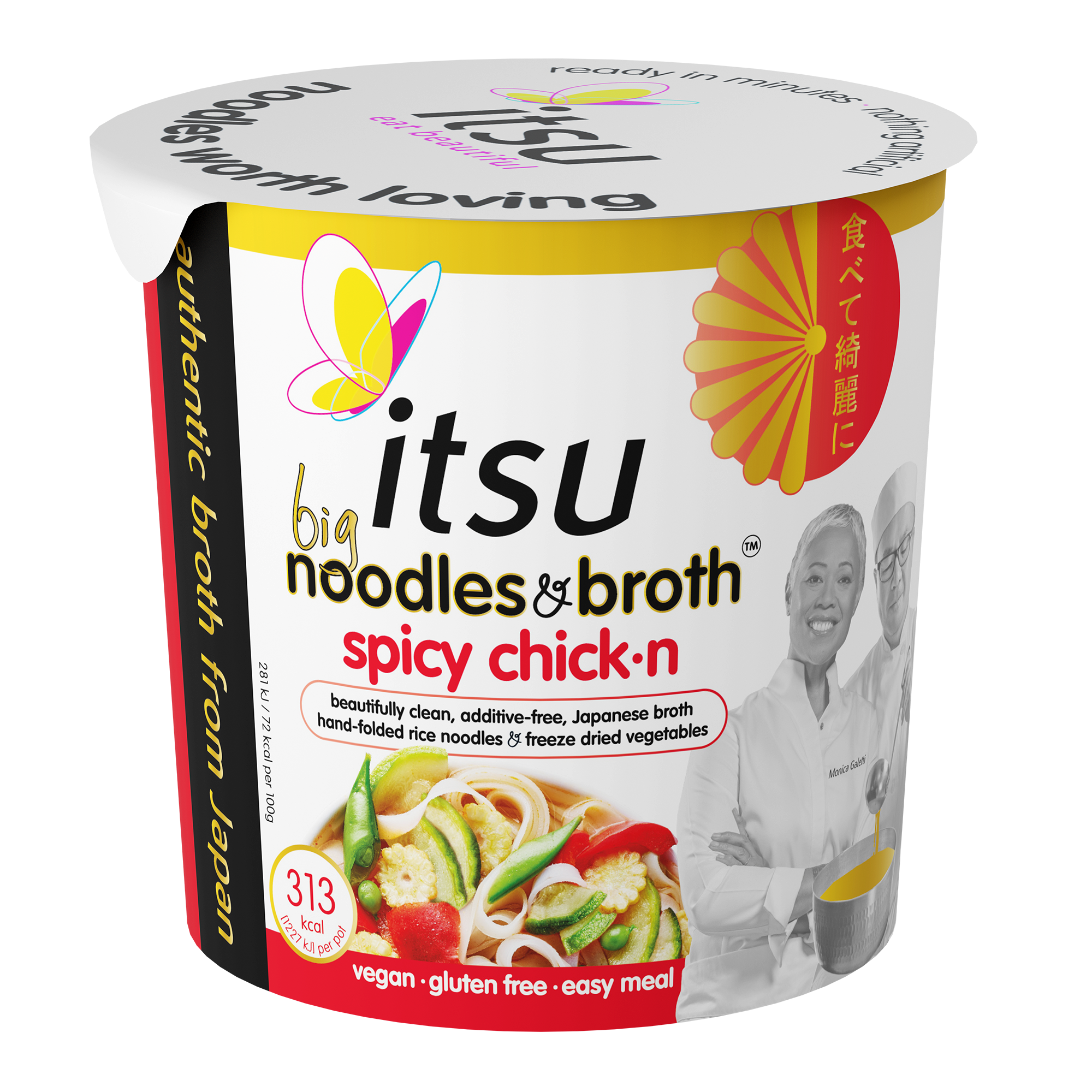 Itsu Big Noodles & Broth Spicy Chick'n vegan cup with 323 Kcal.