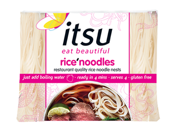 Itsu rice'noodles package, gluten-free noodle nests that are ready in 4 minutes for soup.