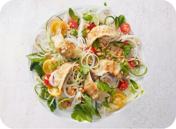 A vibrant Asian noodle salad with pan-fried dumplings, cherry tomatoes, cucumbers, and peanuts.