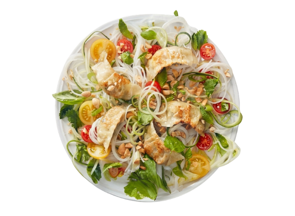 Vibrant noodle salad with pan-fried dumplings, cherry tomatoes, herbs, and peanuts.