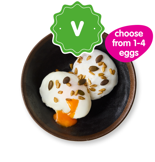 Two runny poached eggs topped with seeds in a dark bowl, indicating vegetarian option.