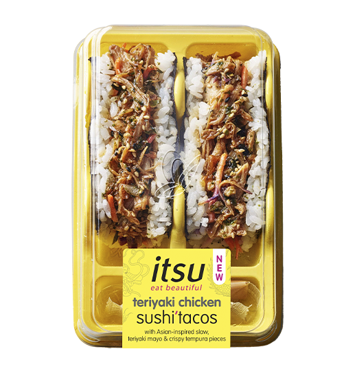itsu teriyaki chicken sushi tacos in a yellow plastic tray, ready to eat.