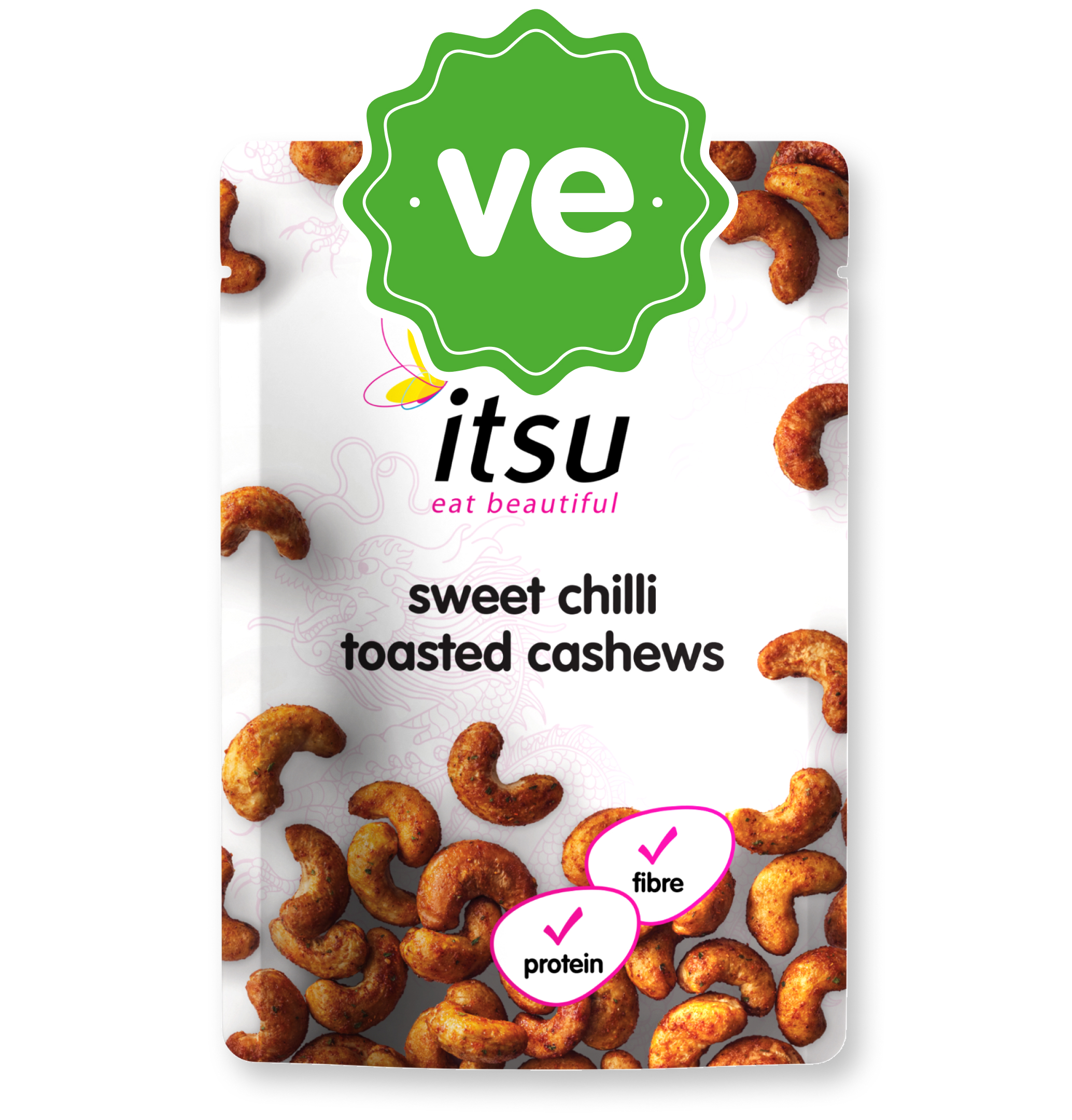 itsu sweet chilli toasted cashews pouch, vegan, with protein and fibre labels.