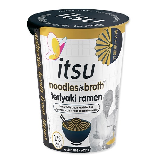 itsu noodles & broth teriyaki ramen cup, gluten free and vegan.