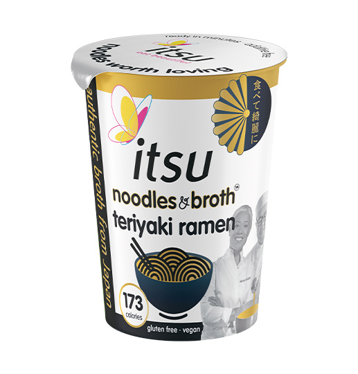 Itsu teriyaki ramen noodles & broth instant cup, 173 calories, gluten-free, vegan.