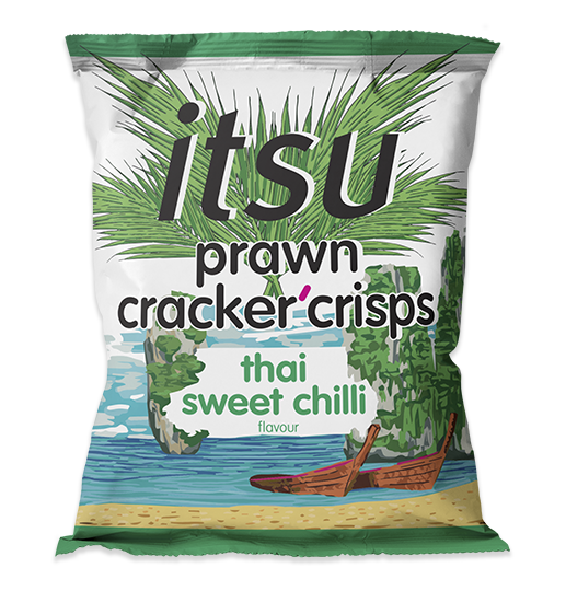 Itsu prawn cracker crisps in Thai sweet chilli flavor, featuring a tropical beach design.