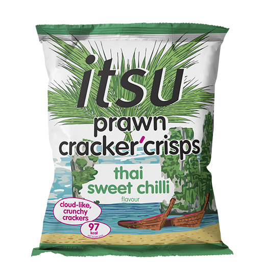 Itsu prawn cracker crisps, Thai sweet chilli flavor, 97 kcal snack bag.