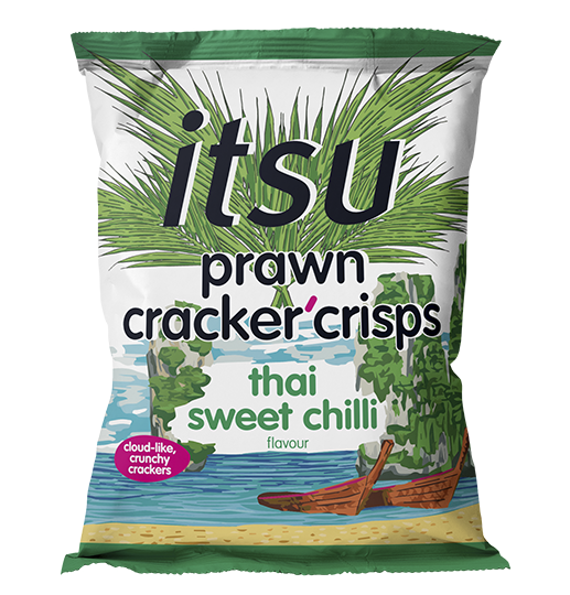 Itsu Prawn Cracker Crisps in Thai Sweet Chilli flavor, vibrant tropical packaging.