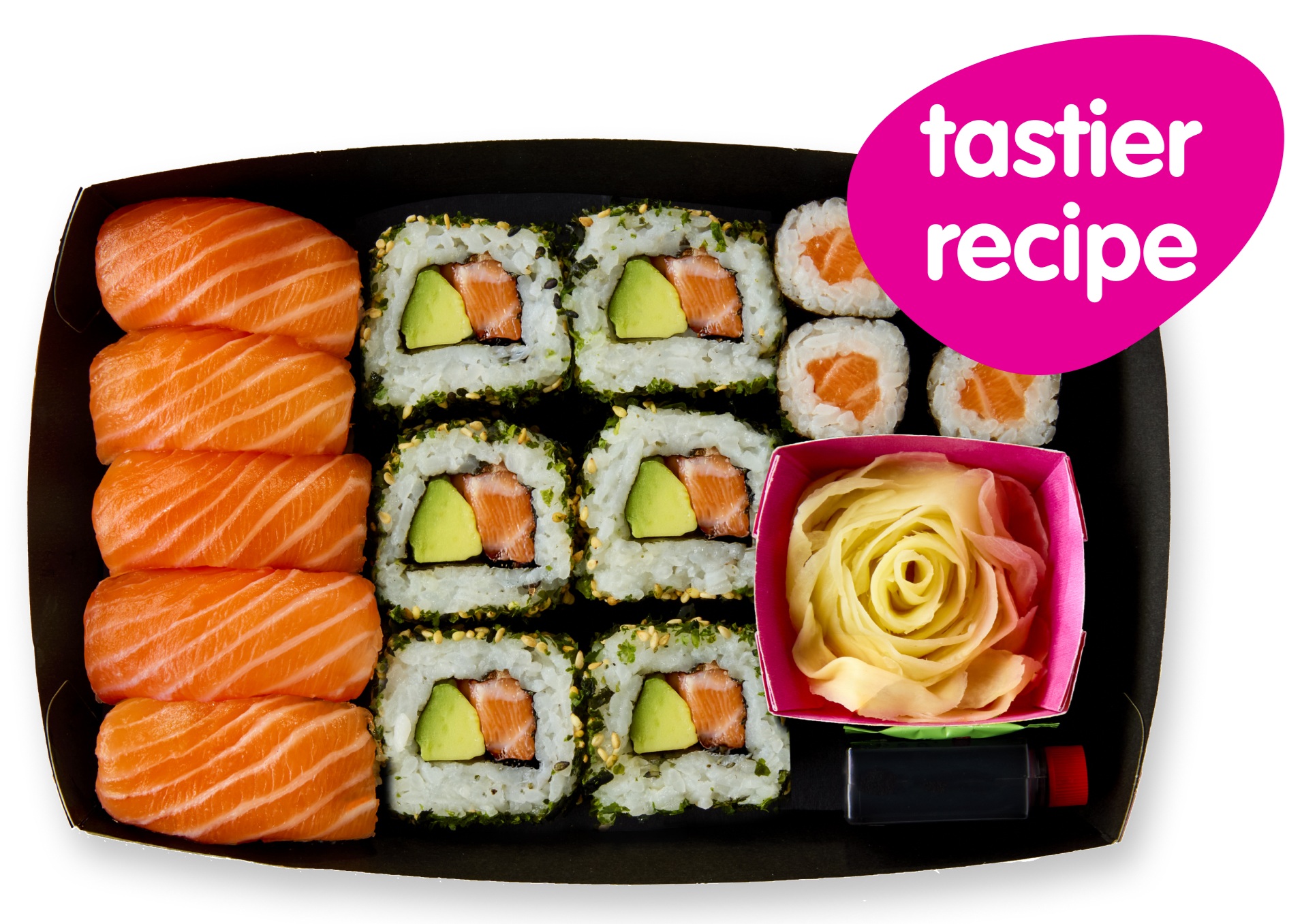 Assorted sushi platter with salmon nigiri, maki rolls, pickled ginger, and soy sauce.