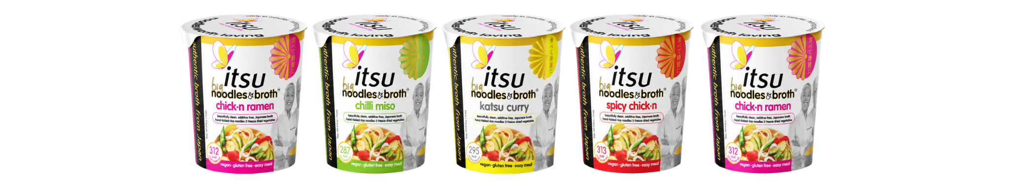Five Itsu instant noodle pots in various colors, showcasing different flavors and ingredients.