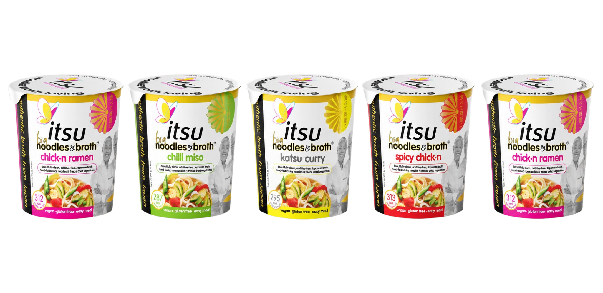 Itsu Noodles to Go cups displayed in five different flavors on a white background.