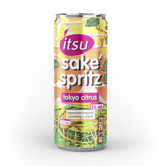 Itsu sake spritz Tokyo citrus drink can featuring yellow and green design with fruit illustrations.
