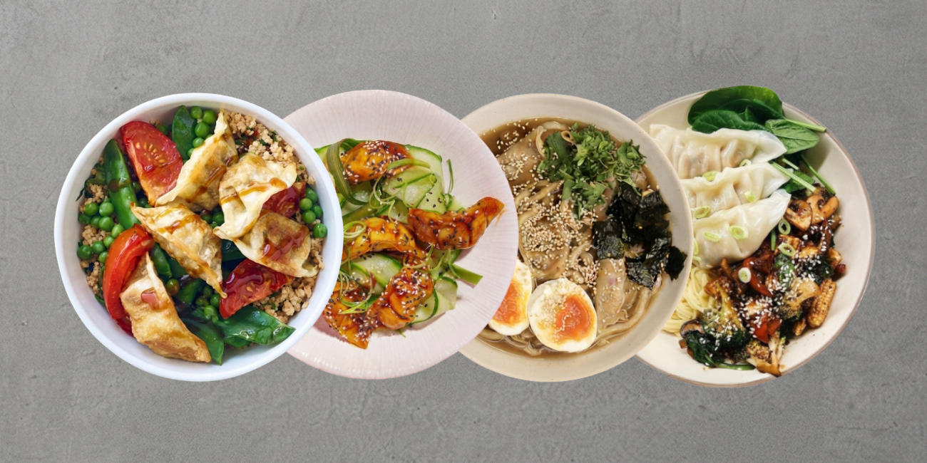 Four vibrant Asian-inspired dishes: a grain bowl, shrimp salad, ramen, and dumplings.