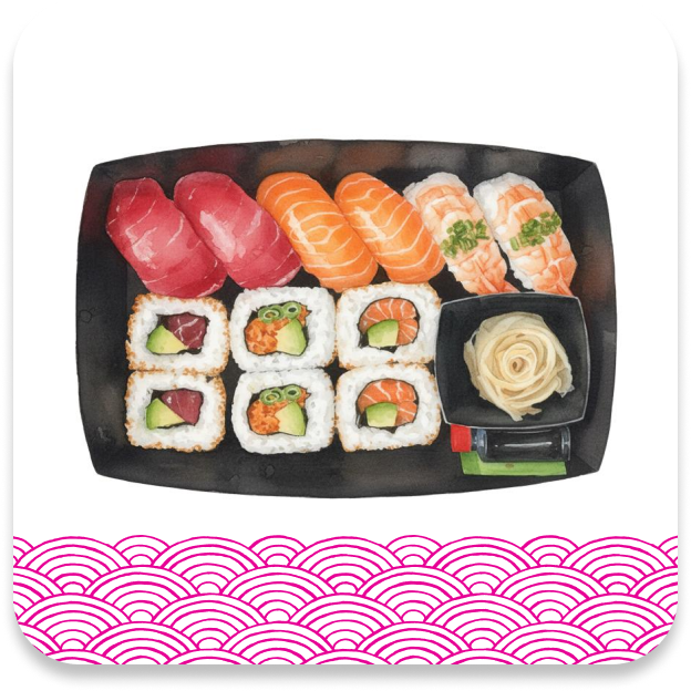 A black platter of assorted sushi, featuring tuna, salmon, shrimp nigiri, and maki rolls.