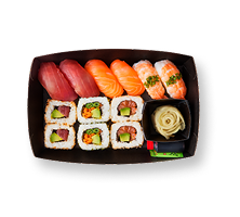 Sushi platter in a black box featuring tuna, salmon, shrimp nigiri, maki rolls, and ginger.