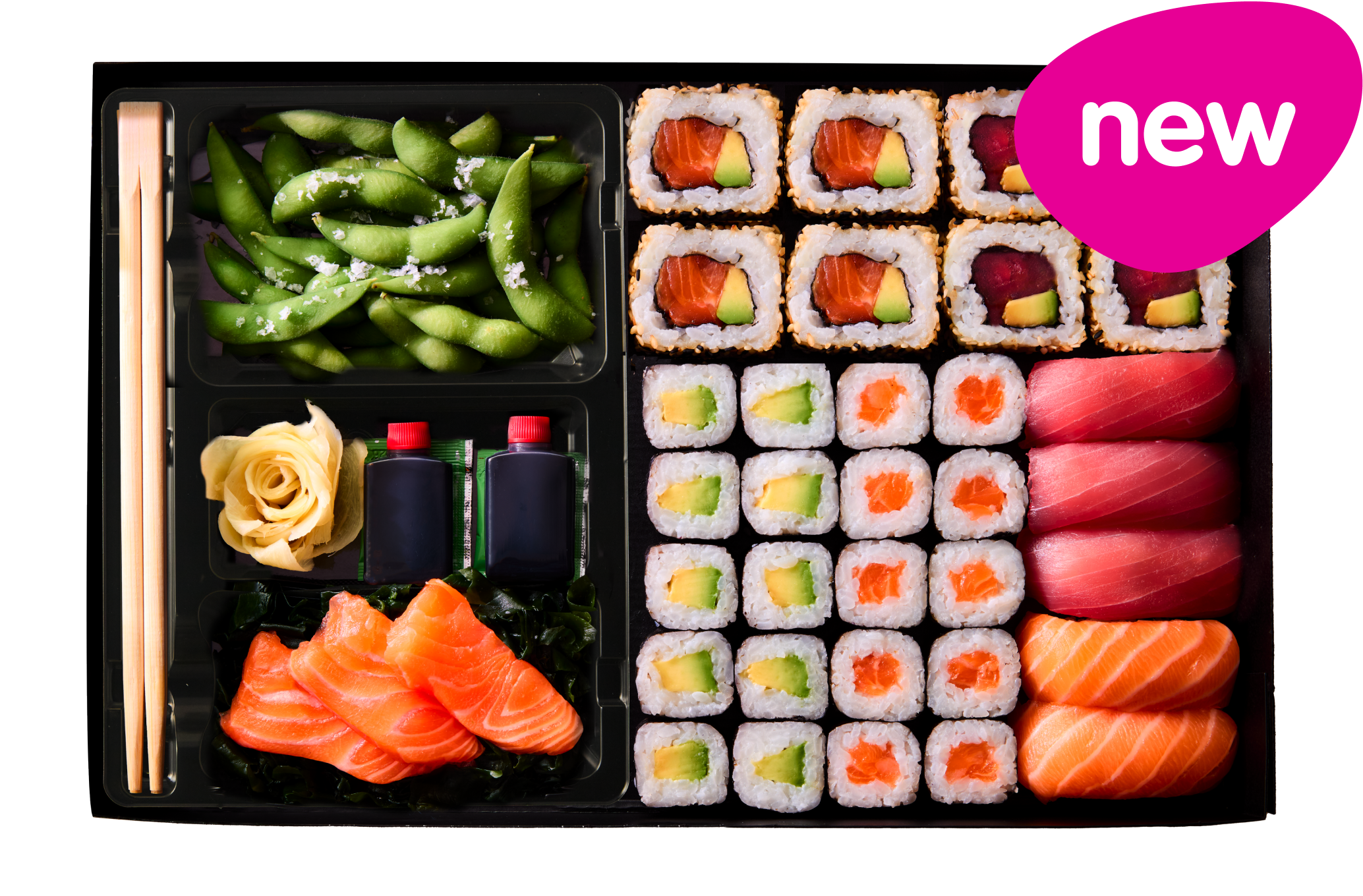 A large sushi platter featuring salmon and tuna nigiri, maki rolls, edamame, and chopsticks.