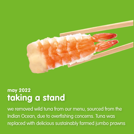 Prawn sushi held by chopsticks on a green background with text 'taking a stand'.