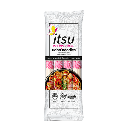White and pink package of Itsu udon noodles, showing cooked noodles with vegetables.