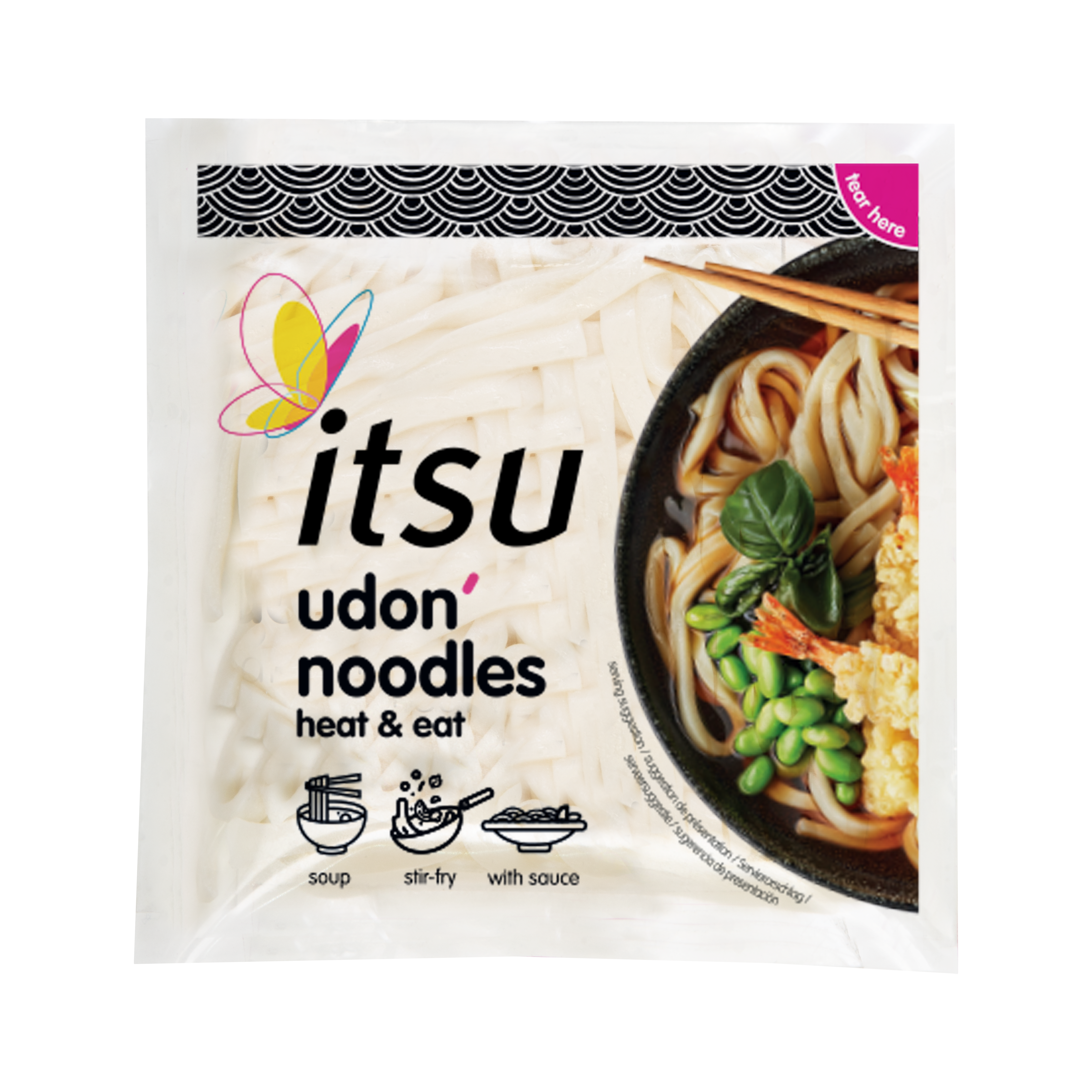 Itsu udon noodles heat & eat package with prepared noodles in a bowl.
