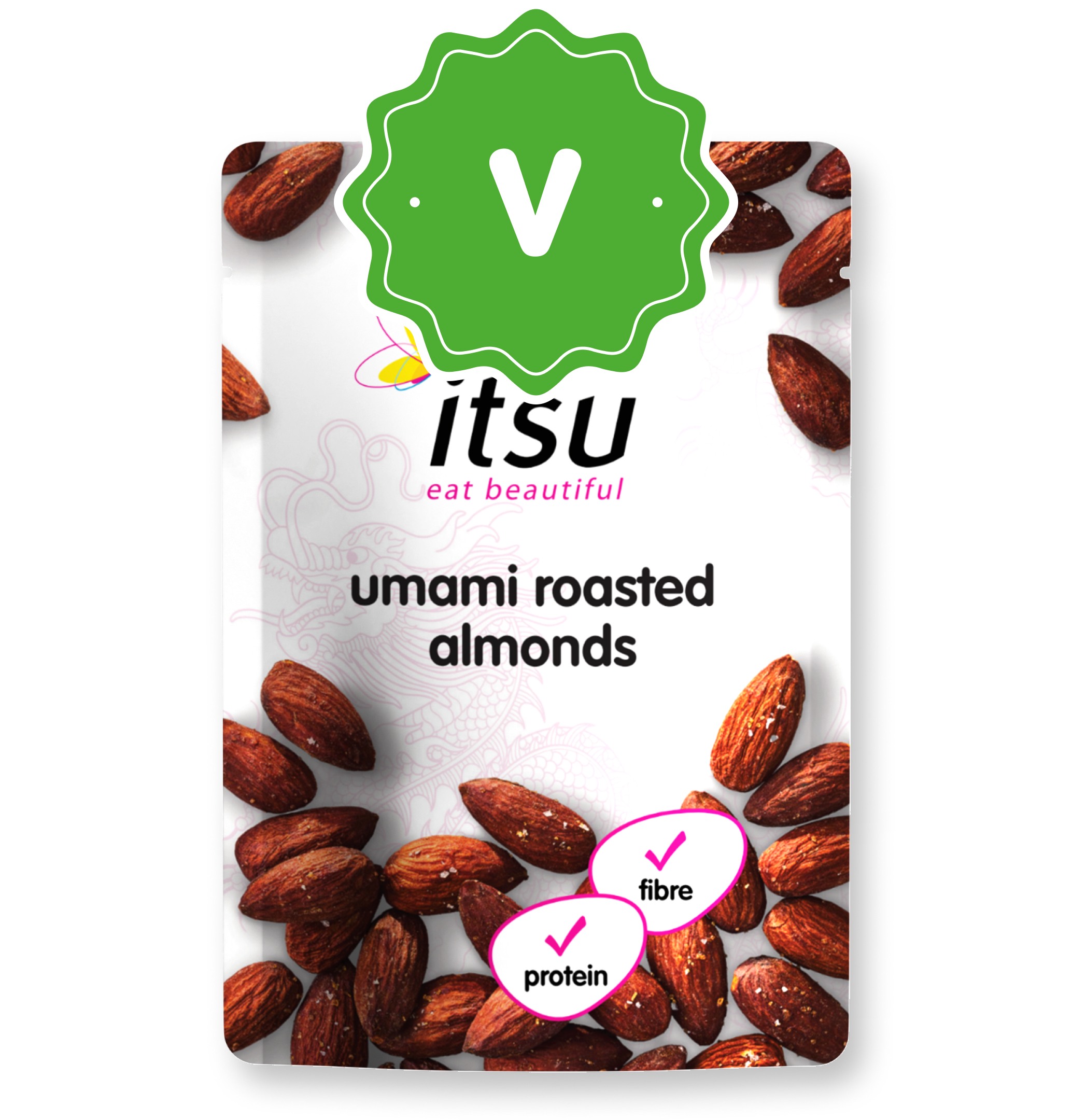Itsu umami roasted almonds package featuring vegan, protein, and fiber claims.