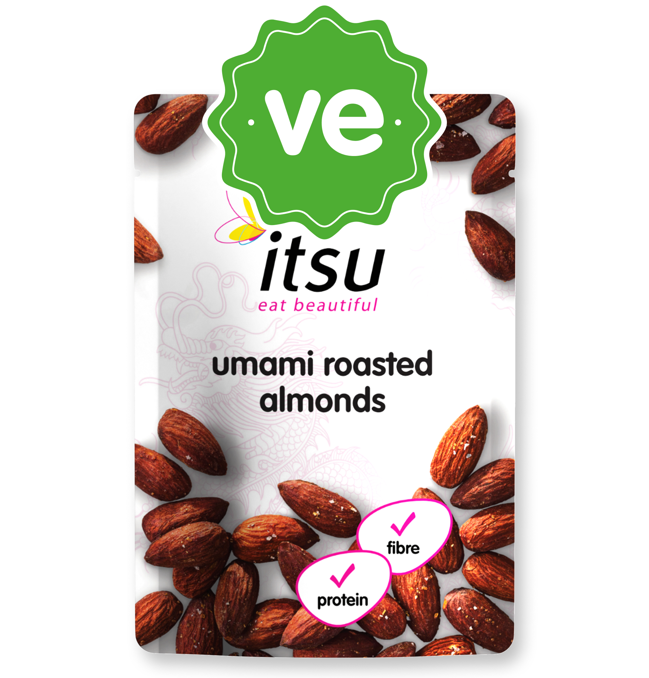 Itsu umami roasted almonds packet with vegan logo, highlighting fibre and protein benefits.