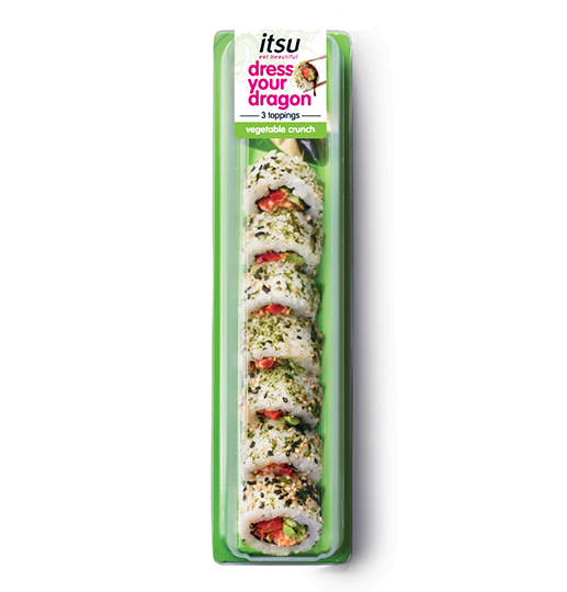 itsu brand sushi rolls in green packaging with 'dress your dragon' label.