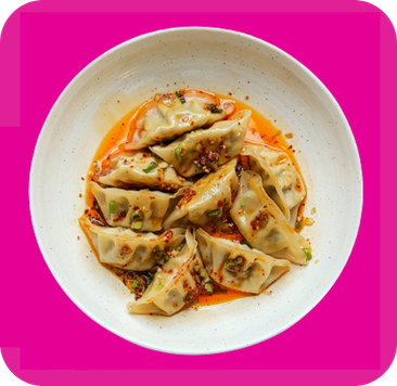 A white plate holds pan-fried dumplings drizzled with spicy chili oil and green onions.