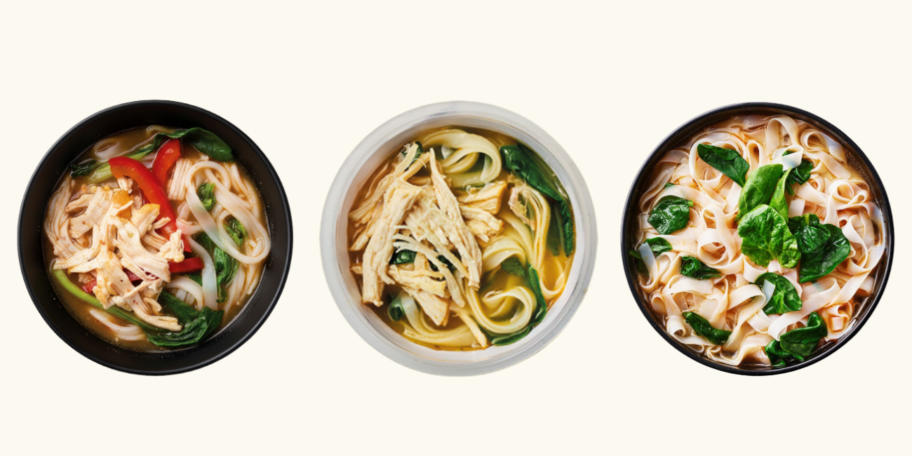 Three diverse bowls of Asian noodle soup featuring chicken, noodles, and green vegetables.