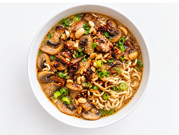 Top-down view of ramen with chicken, mushrooms, noodles, peanuts, and green onions.