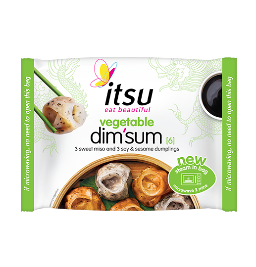 itsu vegetable dim sum packaging features six dumplings, chopsticks, and dipping sauce.