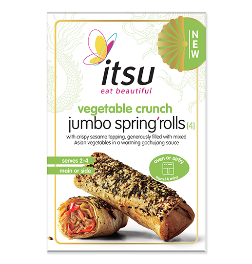 itsu vegetable crunch jumbo spring rolls packaging with two spring rolls displayed.