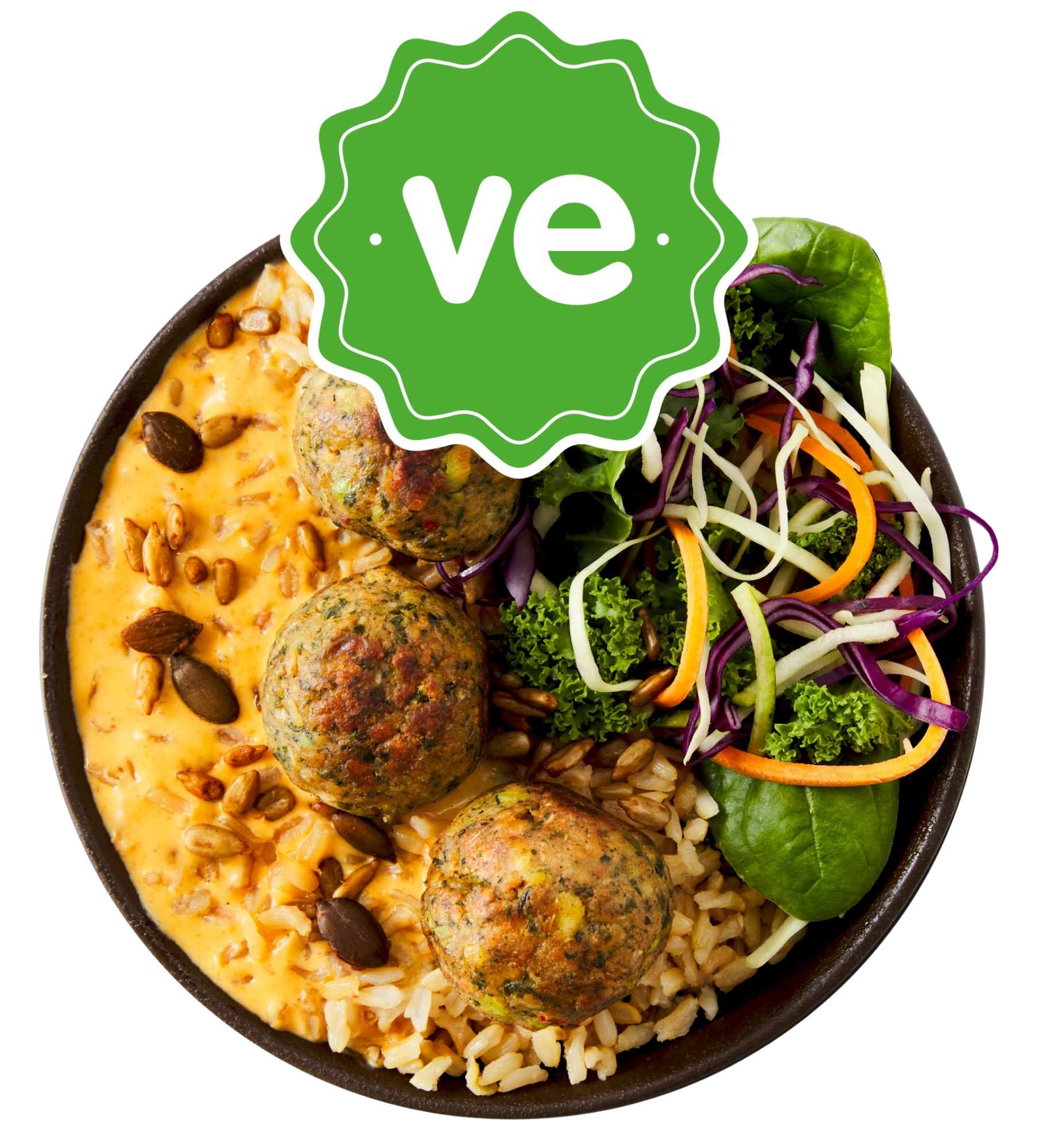 Vegan bowl with falafel, creamy sauce, grains, and fresh salad, marked 've'.