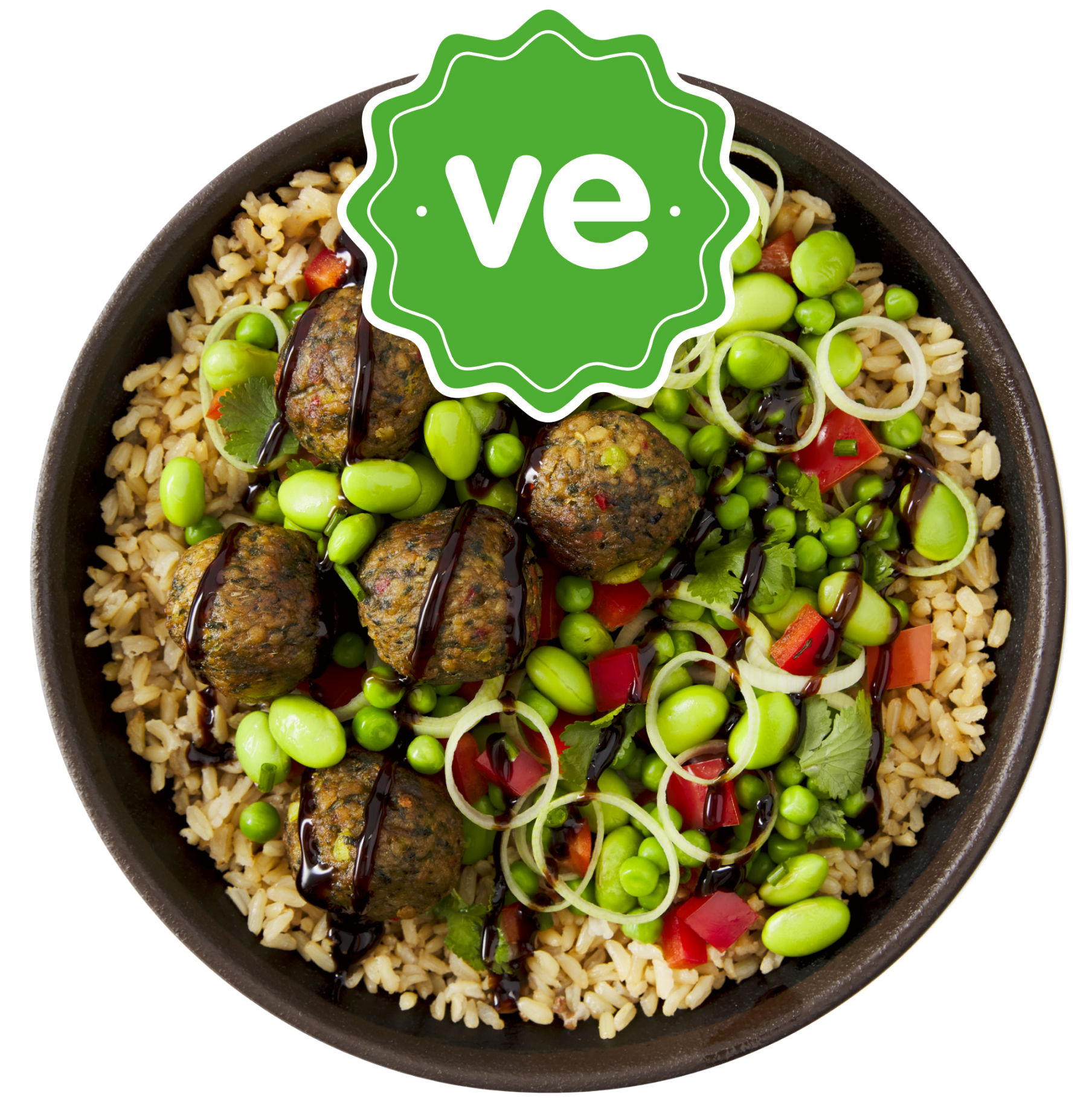 A vegan bowl with falafel, edamame, peas, and brown rice, topped with a dark glaze.