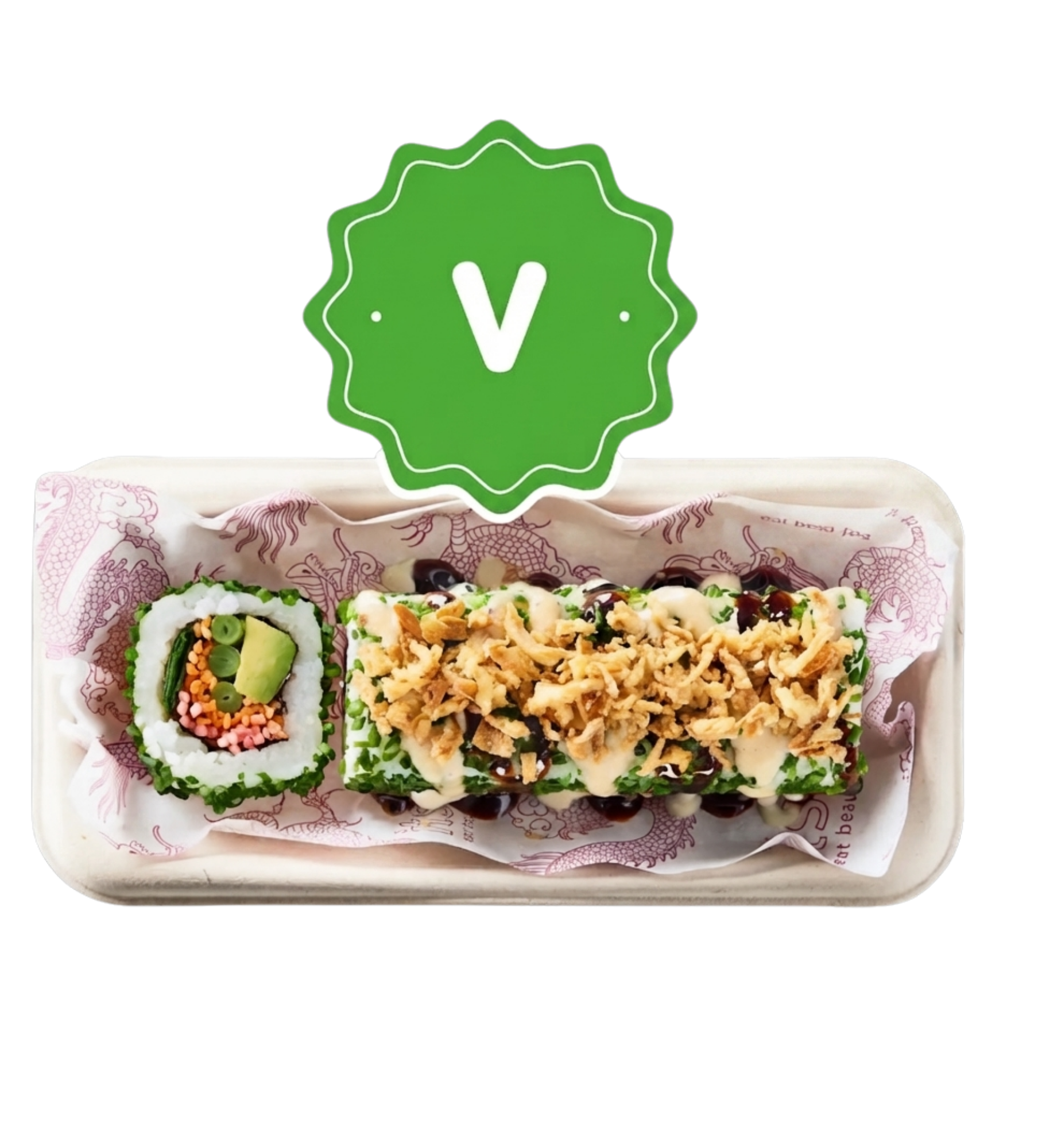 Vegan sushi roll and a crispy fried onion-topped dish in a white tray.