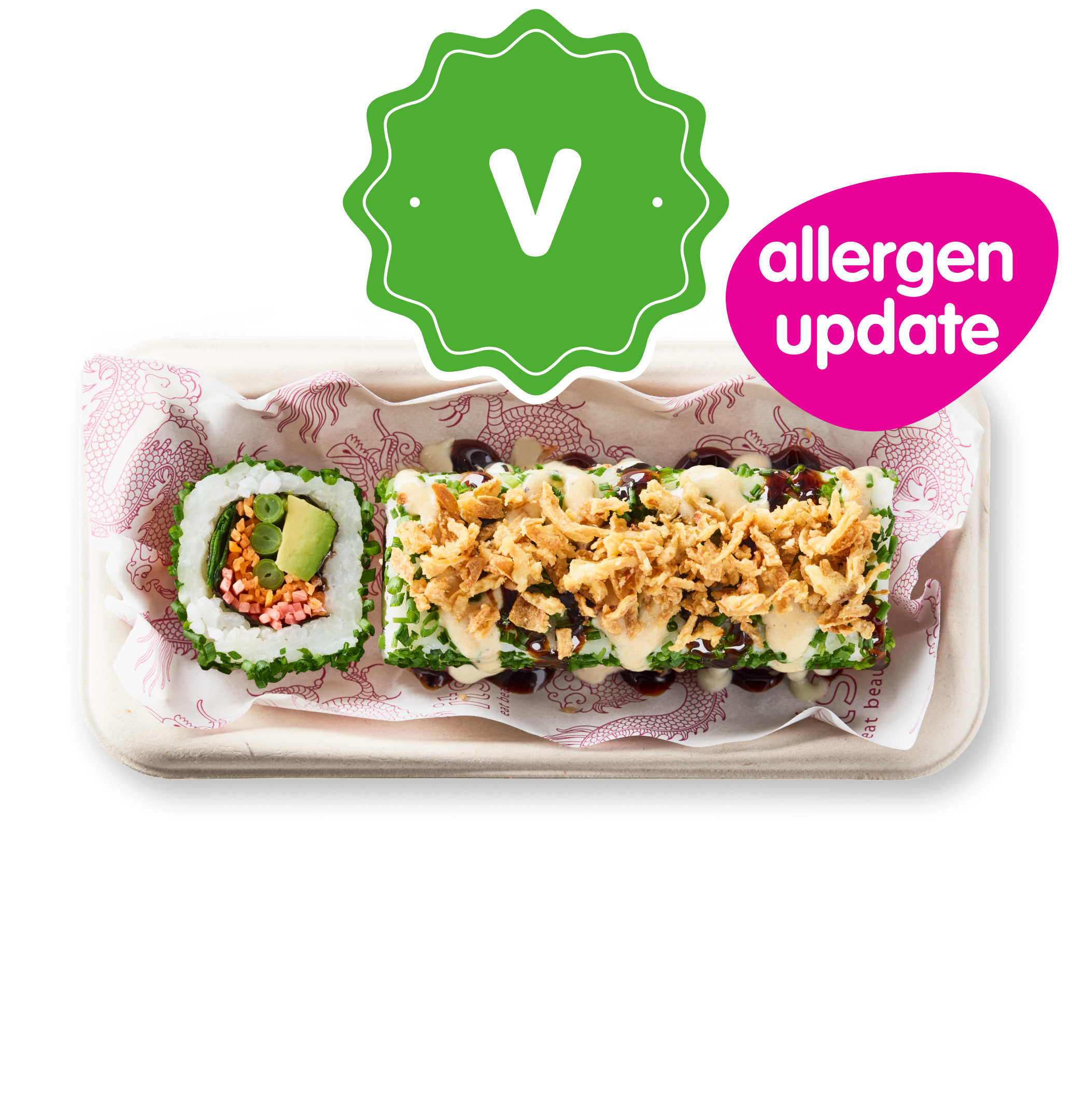 Vegan sushi roll and crispy onion snack, with green 'V' and pink 'allergen update' tags.