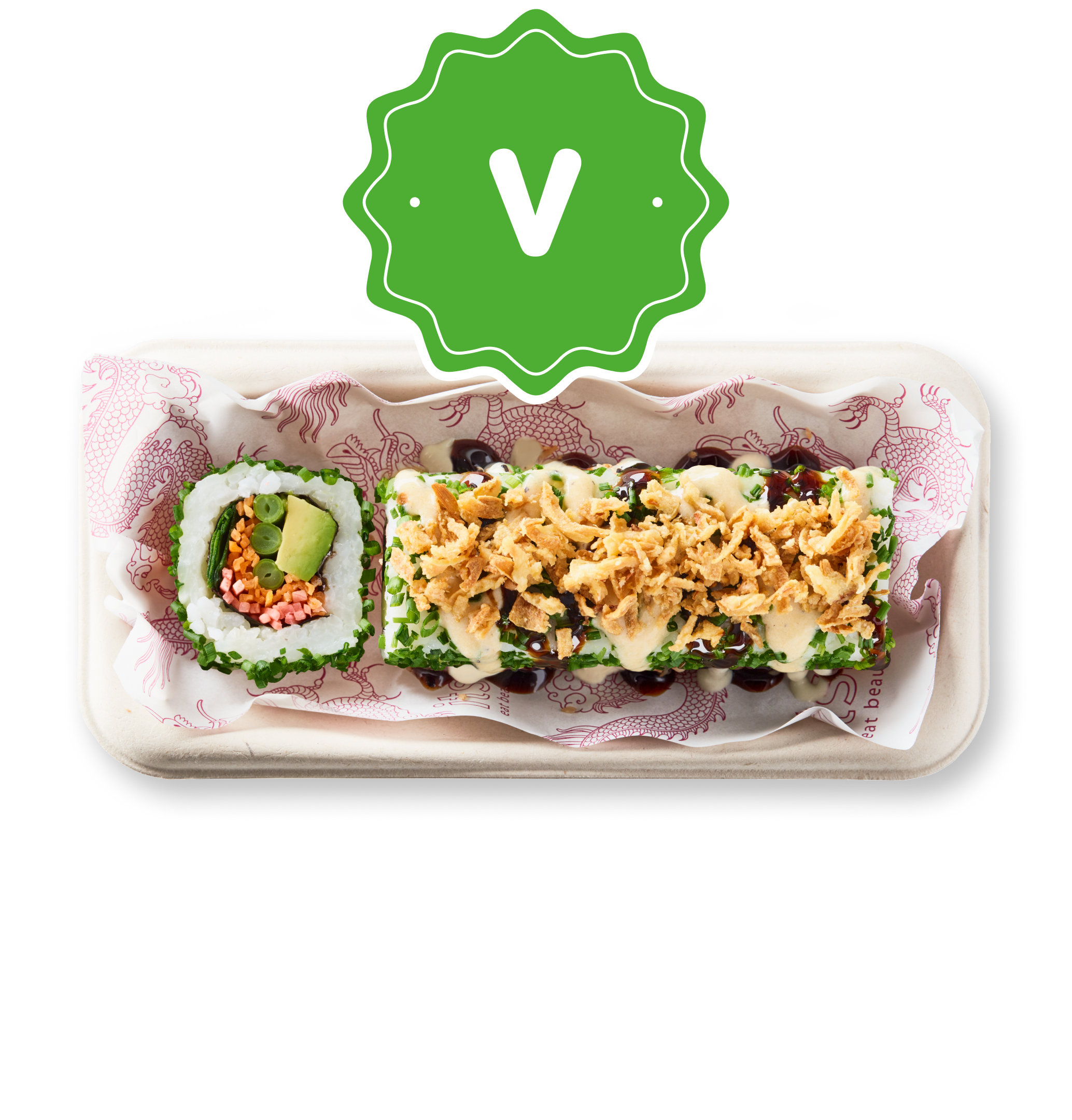 Two vegetarian sushi rolls, one round with avocado, another topped with crispy onions and sauce.