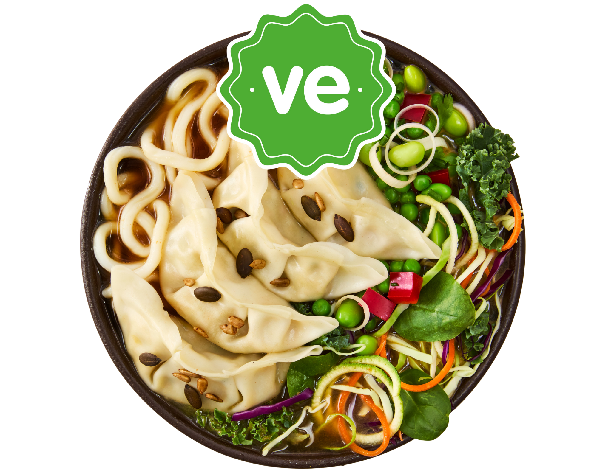 Delicious vegan bowl featuring dumplings, udon noodles, and fresh mixed vegetables in broth.
