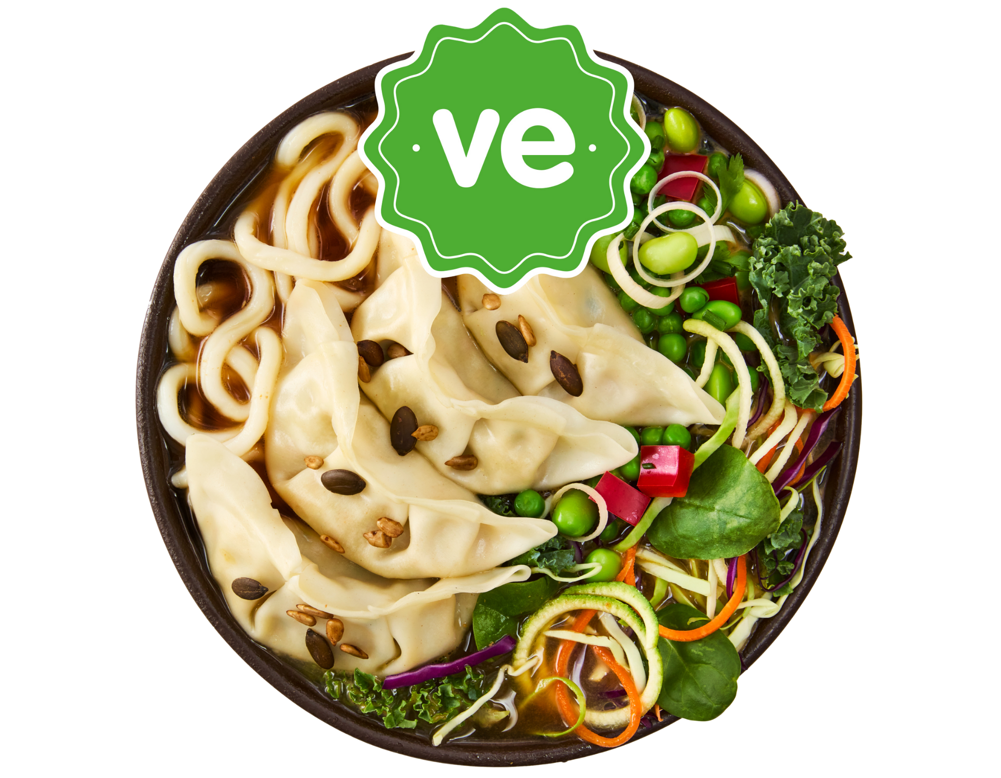 A 've' marked bowl of udon noodles, dumplings, and mixed fresh vegetables.