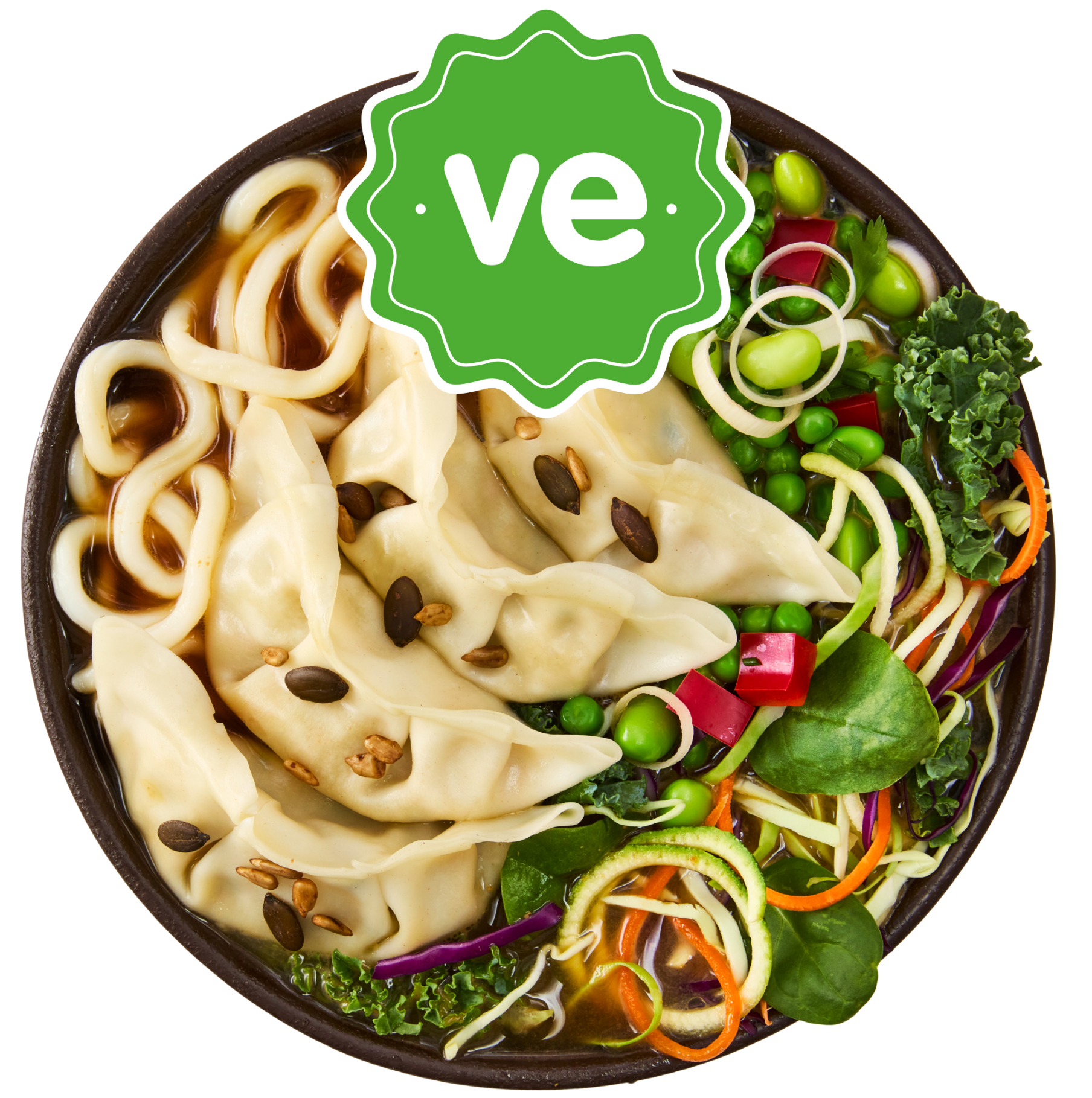 Vegan dumplings and udon noodles in a bowl with edamame, peas, and fresh greens.