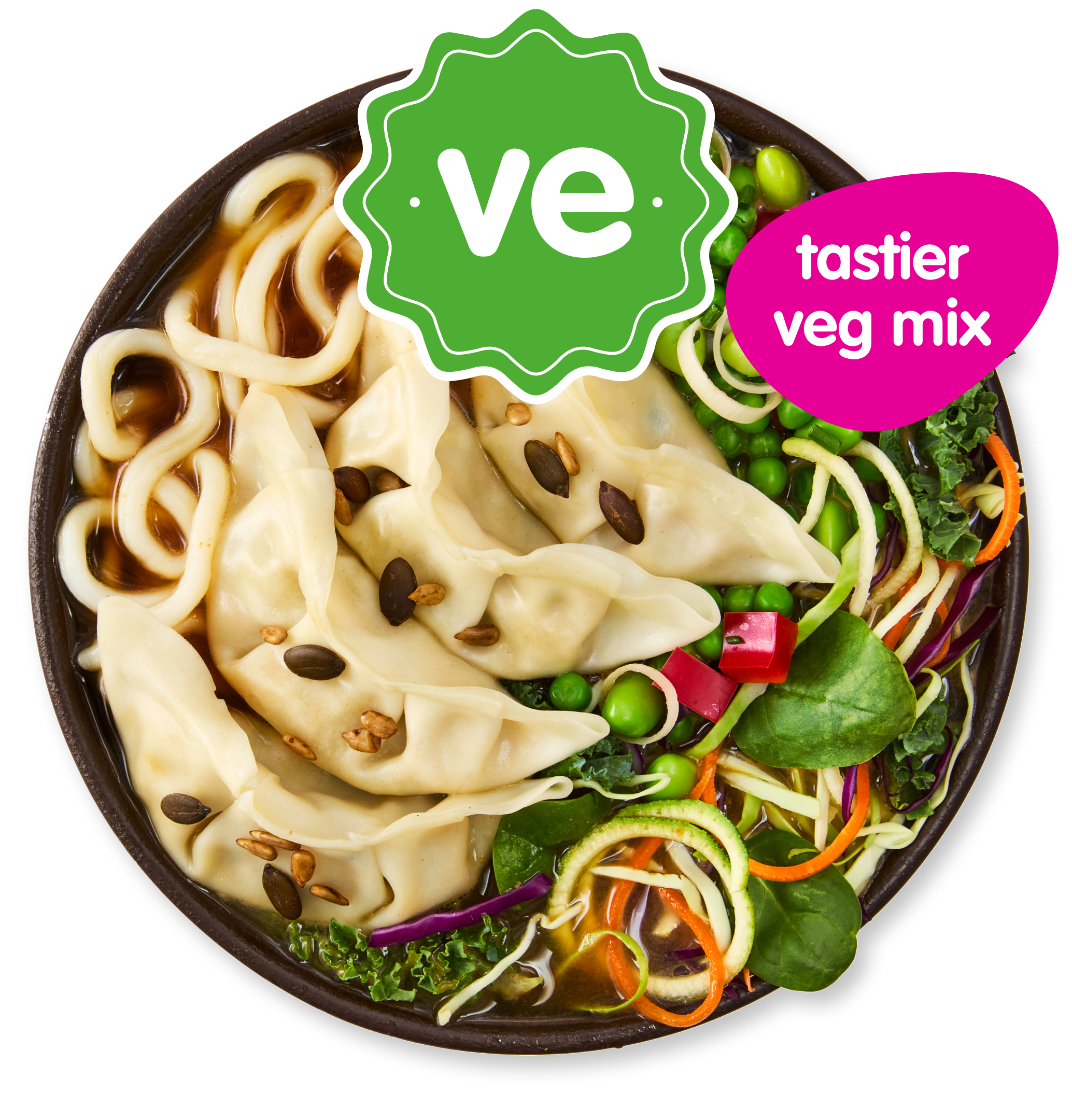 A bowl of vegetarian dumplings with noodles and vibrant mixed vegetables, labeled "ve."